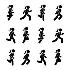 Woman people various running position. Posture stick figure. Vector illustration of posing person icon symbol sign pictogram on white
