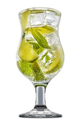 fresh fruit alcohol cocktail or mocktail in classic glass with ice cubes, lime and mint isolated on white background
