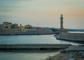 Greece, Crete, sunset in Chania (Xania) evening light to city harbour