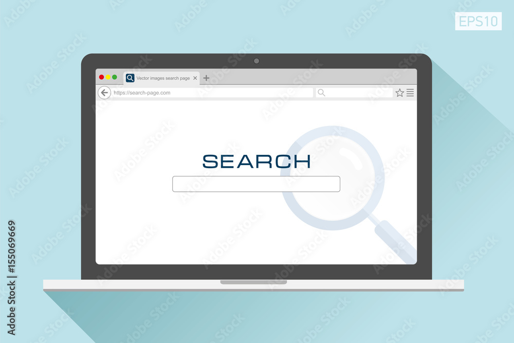 Poster web page search in flat style on the laptop screen, color background, magnifying glass. internet bro
