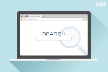 Web page search in flat style on the laptop screen, color background, magnifying glass. Internet browser. Vector design object for you project 