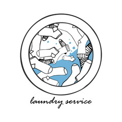 Socks in the washing machine. Icon of laundry service.