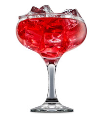 fresh fruit alcohol cocktail or mocktail in margarita glass with red beverage and ice cubes isolated on white background