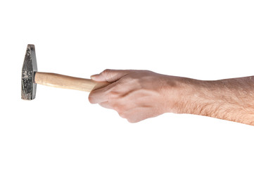 Hand holding old impact hammer handle equipment for construction and repair tool for work