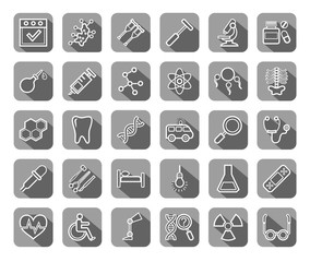 Fototapeta premium Medicine, icons, contour drawing, flat, gray, vector.Medical services specialization. The profession of doctors. Medical instruments. White line images on a gray background with shadow. 