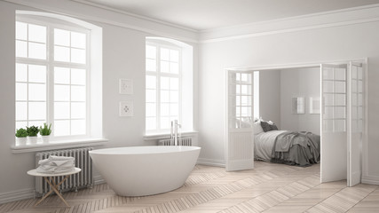 Minimalist scandinavian white bathroom with bedroom in the background, classic interior design © ArchiVIZ