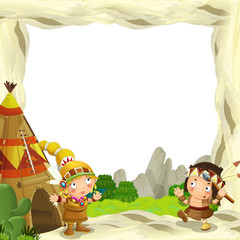 Obraz premium Cartoon frame for different usage native american characters husband with a spear and wife standing near the tee pee