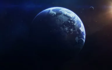Foto op Plexiglas Volle maan en bomen Kleine blauwe planeet aarde in de verre ruimte. Elementen van deze afbeelding geleverd door NASA