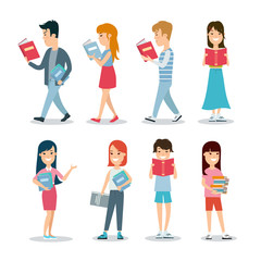 Flat students reading books vector illustration. Education.