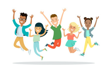 Flat teens jumping vector illustration. Happy youth concept.