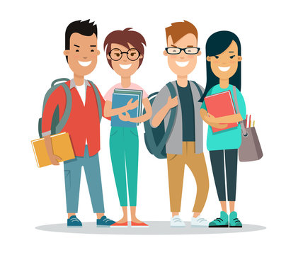 Flat Group student backpack book vector illustration. Education