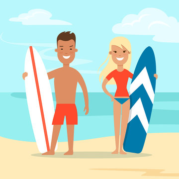 Flat Couple surfboard sea beach nature vector. Vacation concept.