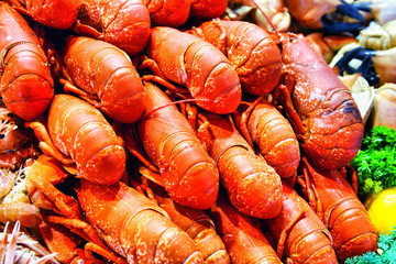 Fresh raw Lobsters in ice exposition sea market