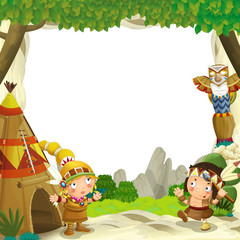Obraz premium Cartoon frame for different usage native american characters husband with a spear and wife standing near the tee pee