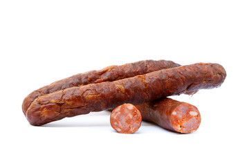 Tasty high quality smoked sausage isolated on white background