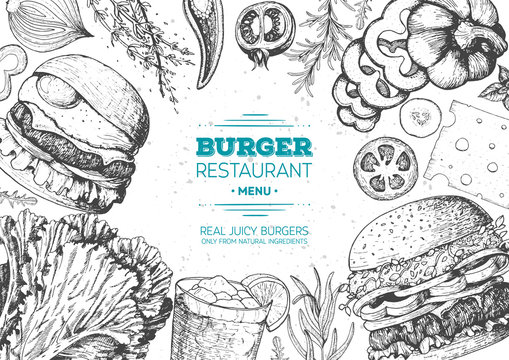Burgers and ingredients for burgers vector illustration. Fast food, junk food frame. American food. Elements for burgers restaurant menu design. Engraved image, retro style.