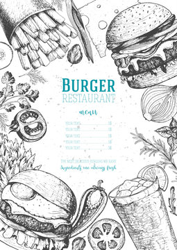 Burgers and ingredients vector illustration. Fast food, junk food frame. Elements for restaurant menu design. Engraved image, retro style.