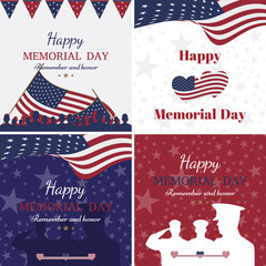 Set happy memorial day. Greeting cards with flag and soldier on background. National American holiday event