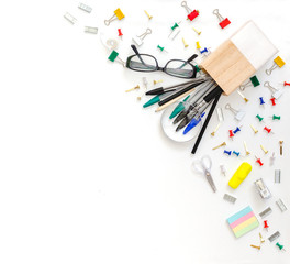 School and office stationery at table. Top view with copy space.