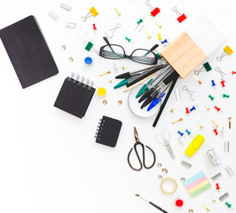 Back to school concept. School and office supplies on office table. Flat lay with copy space.