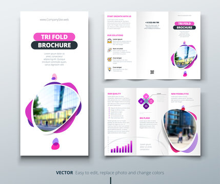 Business tri fold brochure design. Pink, purple template for tri fold flyer. Layout with modern square photo and abstract background. Creative concept folded flyer or brochure.