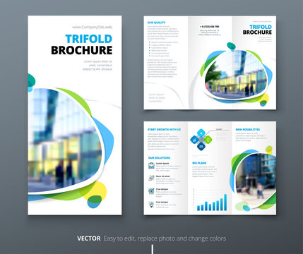 Business tri fold brochure design. Blue green corporate business template for tri fold flyer. Layout with modern square photo and abstract background. Creative concept folded flyer or brochure.