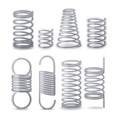 Spiral Flexible Wire. Springs Of Compression, Tension And Torsion. Set Resilient Metal Wire Parts. Different Types Flexible Spiral Elements.