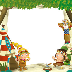 Cartoon frame for different usage native american characters husband with a spear and wife standing near the tee pee