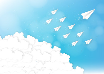 Fototapeta na wymiar Leadership concept with white paper plane on blue sky. paper art style. Vector illustration