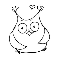 Cute Funny Happy Cheerful Owl Bird . Isolated On a White Background Doodle Cartoon Hand Drawn Sketch Vector Illustration. Emoji Character.