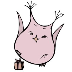 Cute Funny Happy Cheerful Owl Bird With Present or Gift. Isolated On a White Background Doodle Cartoon Hand Drawn Sketch Vector Illustration. Emoji Character.
