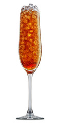fresh fruit alcohol cocktail or soda mocktail with ice cubes in champagne glass with cola beverage isolated on white background