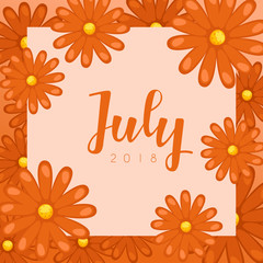 July : Calligraphy on background with flowers : Vector Illustration