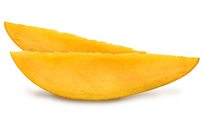 Juicy fresh two slices of mango with leaves isolated on a white background. Ripe tropical fruit with antioxidant effect.