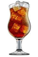 fresh fruit alcohol cocktail or soda mocktail with ice cubes in classic glass with cola beverage isolated on white background