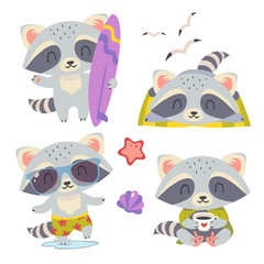 vector raccoon with heart set