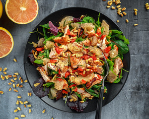 Salmon, green bean and pink grapefruit salad with balsamic vinegar drizzle and pine nuts