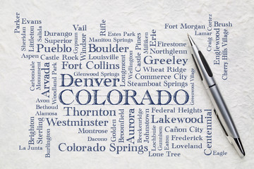 major cities of Colorado word cloud on a lokta paper
