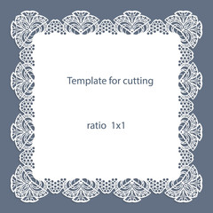 Greeting card with openwork border, paper doily under the cake, template for cutting, wedding invitation, decorative plate is laser cut, vector illustrations.