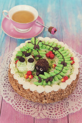 cakes on color background