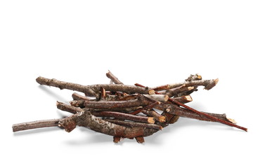 dry rotten birch branches pile for fire isolated on white background