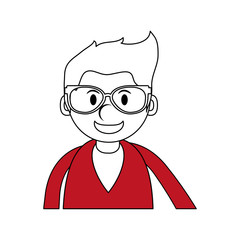 silhouette in red and white of cartoon half body man with glasses vector illustration