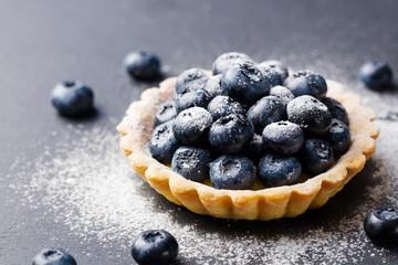 Blueberry tartlet, pie, tart with vanilla custard.