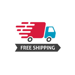 Free shipping delivery icon vector, red blue flat style truck moving fast and free shipping text label, fast delivery badge tag isolated on white clipart iamge