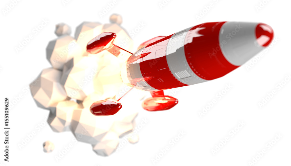 Poster red and white rocket launching 3d rendering