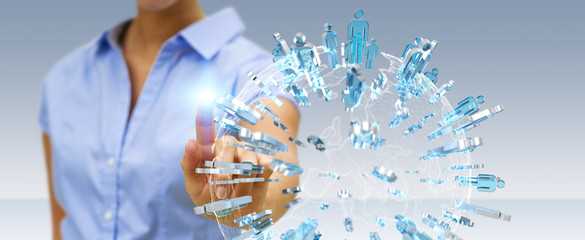 Businessman holding 3D rendering group of people surrounding planet Earth