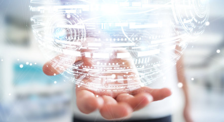 Businessman holding hologram sphere 3D rendering