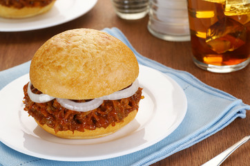 Barbecue BBQ Pork Sandwich on Bun with Onions