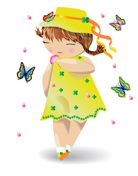 A girl with pigtails in a yellow dress and a hat with butterflies on her hat, a flower in her hand