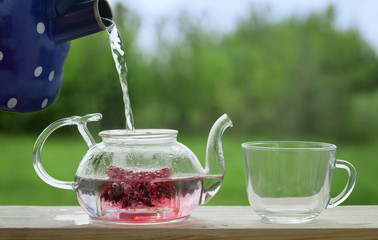 Filling the kettle with boiling water Carcade tea drinking on the veranda nature